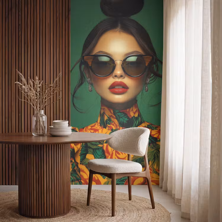 Vrouw - Groen - Modern - Bril - Abstract Behang Vlies klein -sfeer1