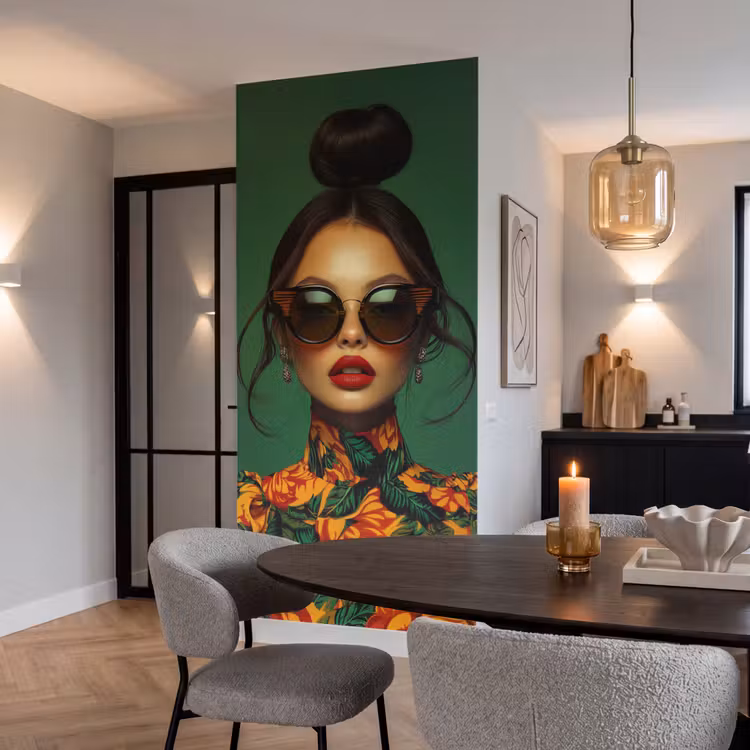 Vrouw - Groen - Modern - Bril - Abstract Behang Vlies klein -sfeer3
