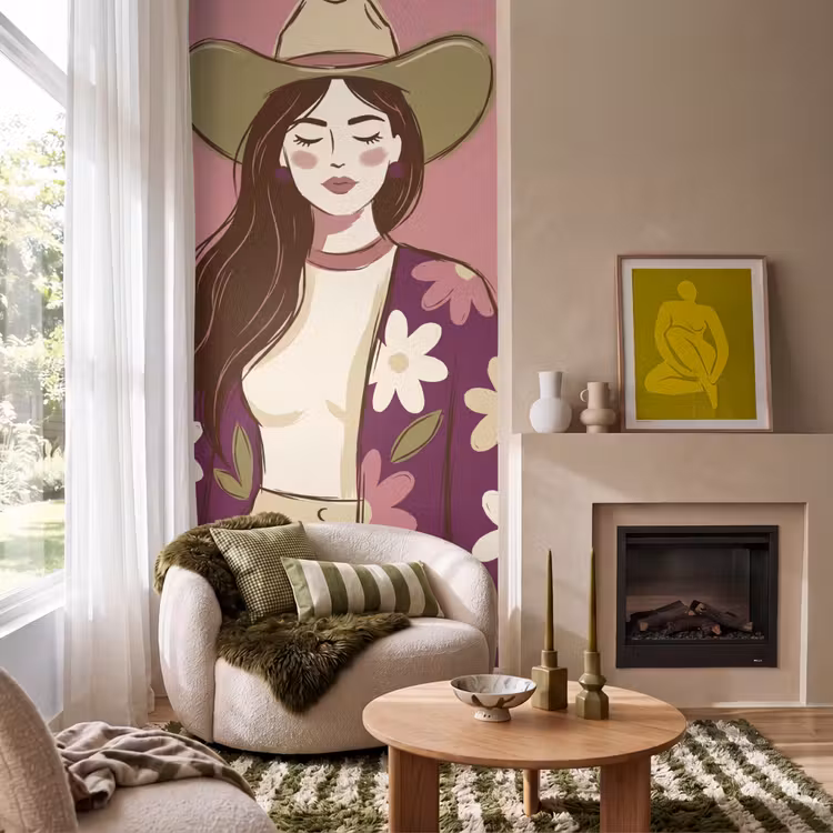 Vrouw - Hoed - Portret - Illustratie - Roze Behang Vlies klein -sfeer2
