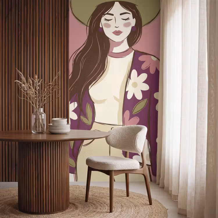 Vrouw - Hoed - Portret - Illustratie - Roze Behang Vlies klein -sfeer1