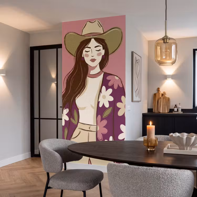 Vrouw - Hoed - Portret - Illustratie - Roze Behang Vlies klein -sfeer3