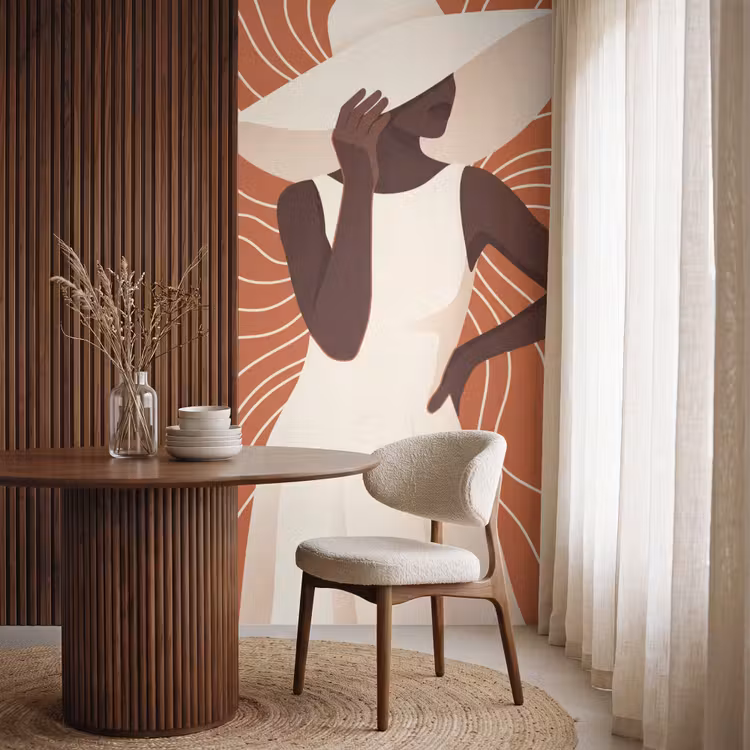 Vrouw - Hoed - Portret - Modern - Beige Behang Vlies klein -sfeer1
