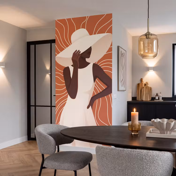 Vrouw - Hoed - Portret - Modern - Beige Behang Vlies klein -sfeer3