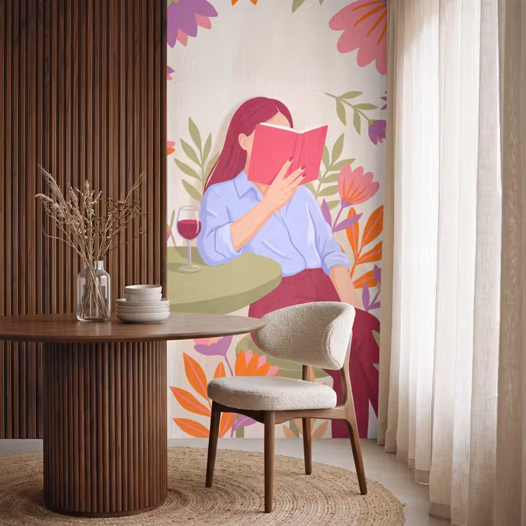 Vrouw - Lezen - Thuis - Modern - Bloemen Behang Vlies klein -sfeer1