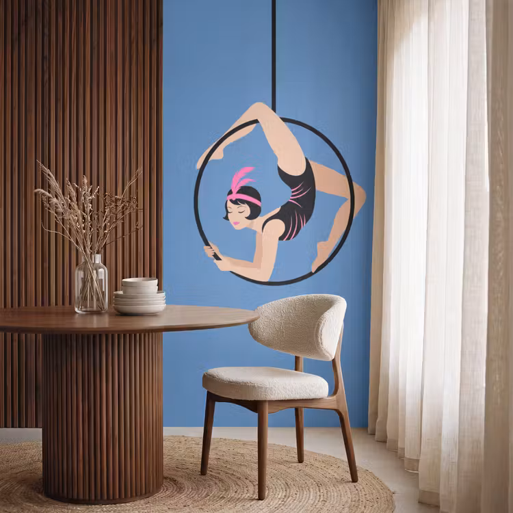 Vrouw - Aerial hoop - Art deco - Illustratie - Blauw Behang Vlies klein -sfeer1