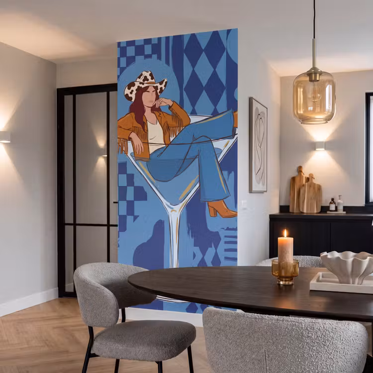Vrouw - Martini glas - Abstract - Blauw - Kunst Behang Vlies klein -sfeer3
