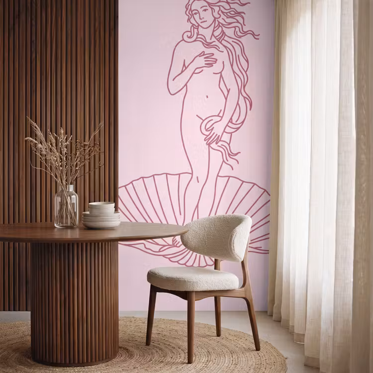 Vrouw - Schelp - Kunst - Lijntekening - Roze Behang Vlies klein -sfeer1