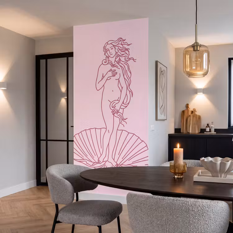 Vrouw - Schelp - Kunst - Lijntekening - Roze Behang Vlies klein -sfeer3