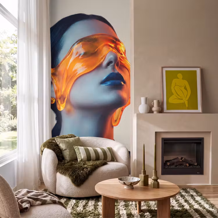 Vrouw - Oranje - Abstract - Modern - Kleurrijk Behang Vlies klein -sfeer2