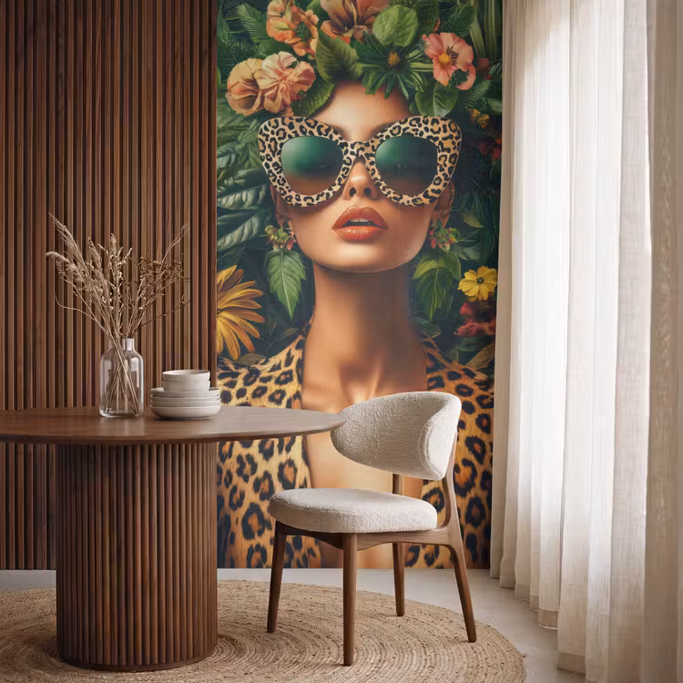 Vrouw - Panterprint - Jungle - Natuur - Luxe Behang Vlies klein -sfeer1