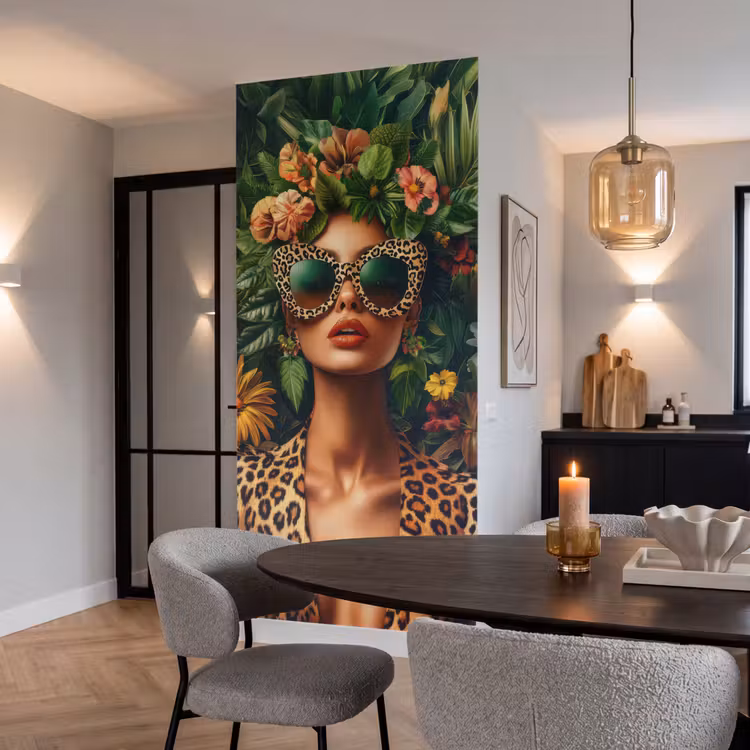 Vrouw - Panterprint - Jungle - Natuur - Luxe Behang Vlies klein -sfeer3