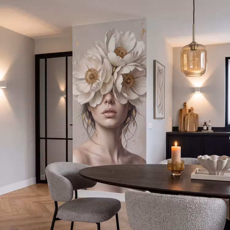 Vrouw - Pioenroos - Wit Behang Vlies klein -sfeer3