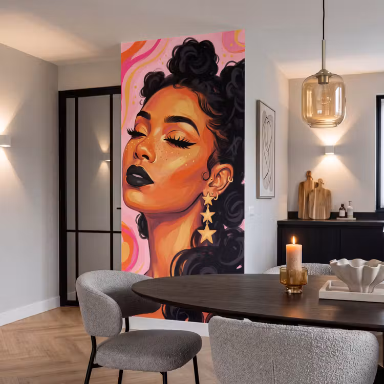 Vrouw - Portret - Abstract - Kleurrijk - Roze Behang Vlies klein -sfeer3