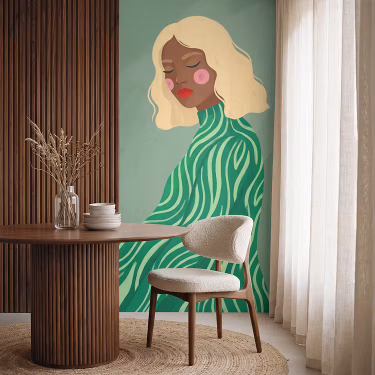 Vrouw - Portret - Illustratie - Modern - Groen Behang Vlies klein -sfeer1