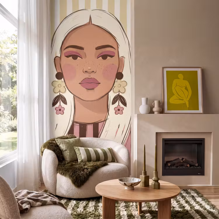 Vrouw - Portret - Illustratie - Modern - Roze Behang Vlies klein -sfeer2