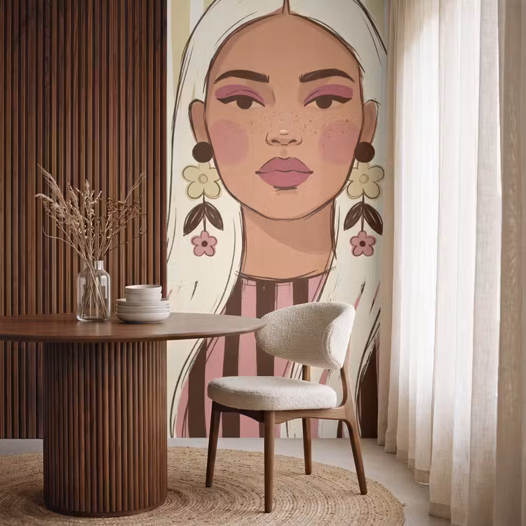 Vrouw - Portret - Illustratie - Modern - Roze Behang Vlies klein -sfeer1