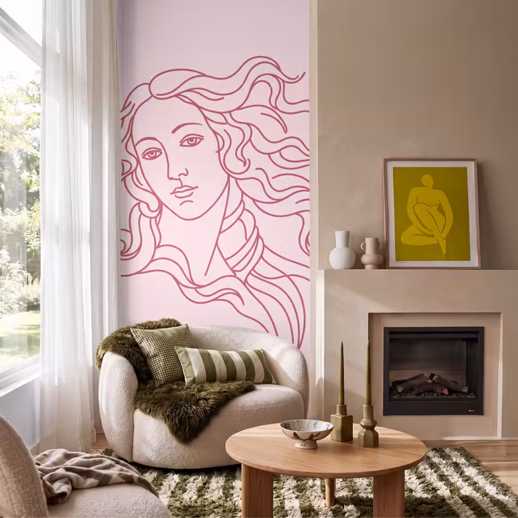 Vrouw - Portret - Klassiek - Line-art - Roze Behang Vlies klein -sfeer2