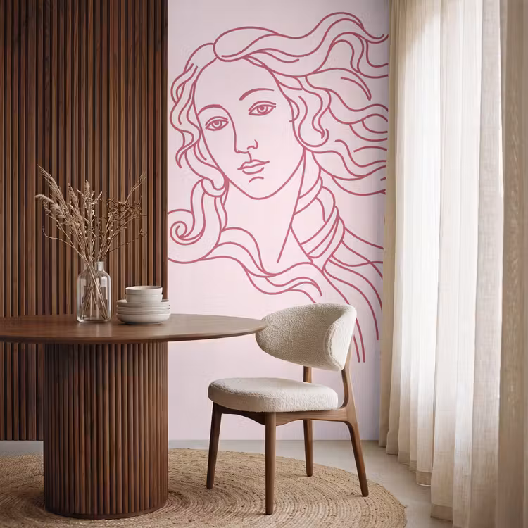 Vrouw - Portret - Klassiek - Line-art - Roze Behang Vlies klein -sfeer1