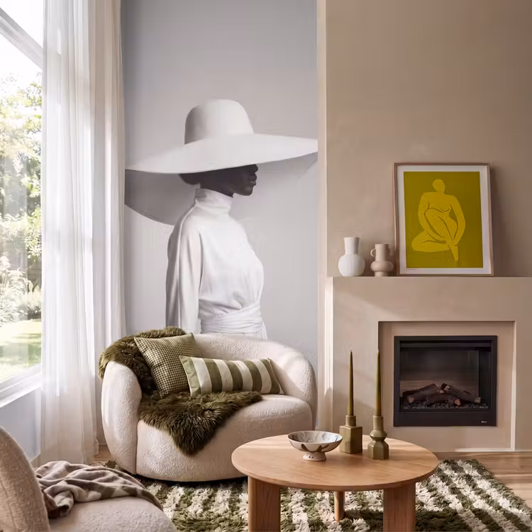Vrouw - Profiel - Hoed - Zwart - Wit - Minimalistisch Behang Vlies klein -sfeer2