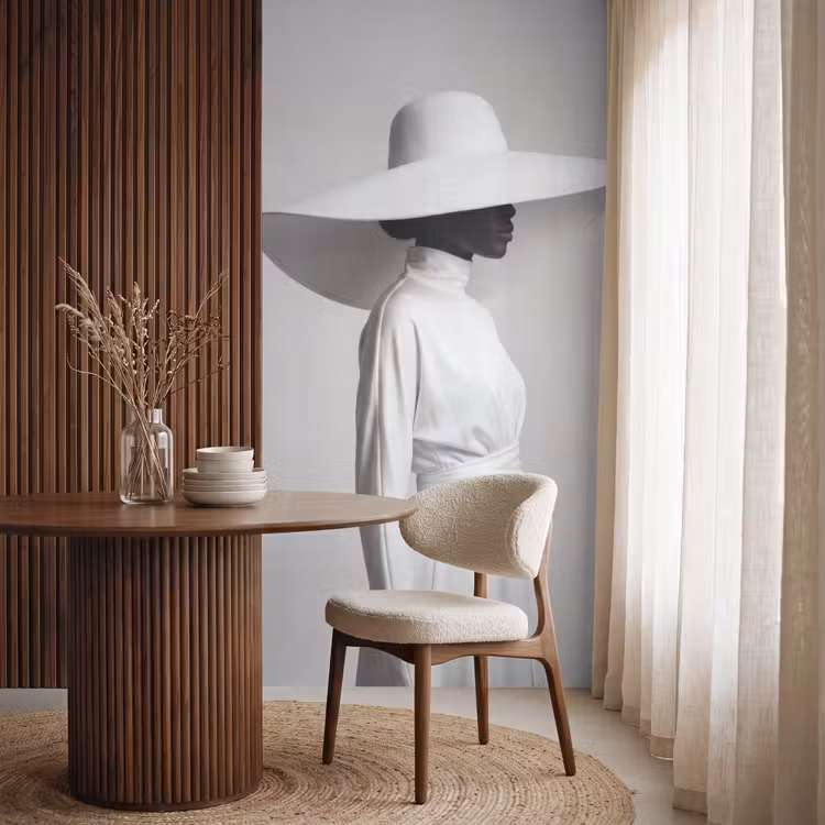 Vrouw - Profiel - Hoed - Zwart - Wit - Minimalistisch Behang Vlies klein -sfeer1