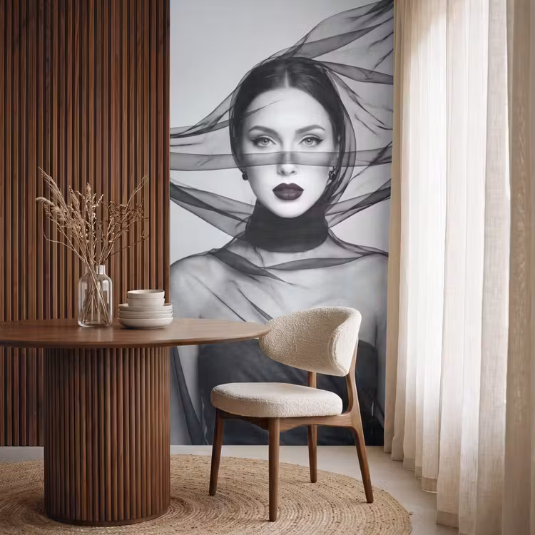 Vrouw - Sluier - Portret - Zwart  - Wit - Elegant Behang Vlies klein -sfeer1