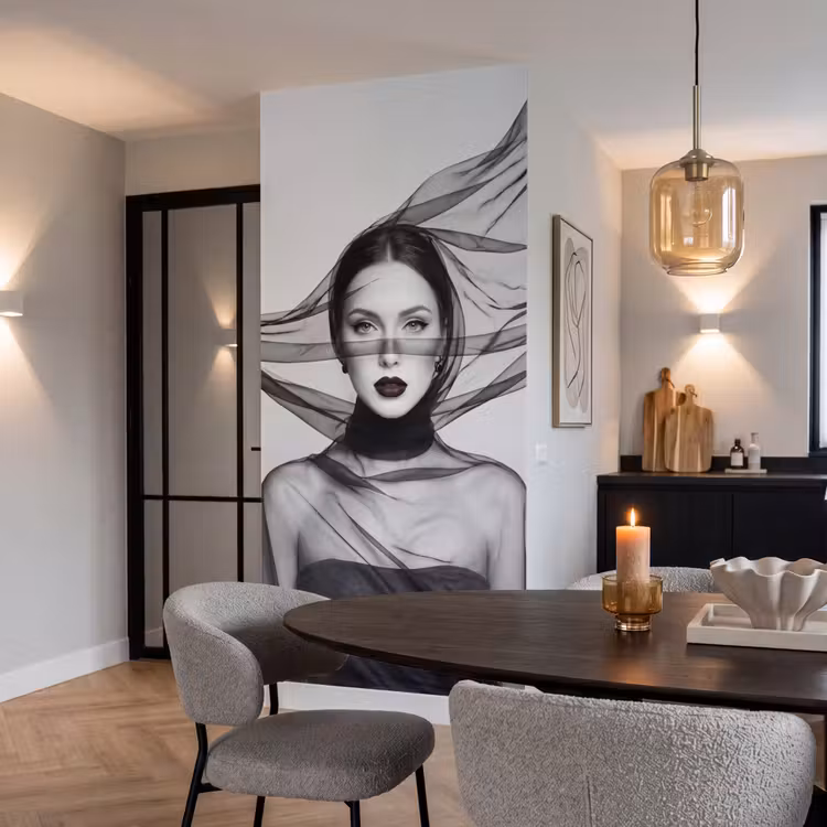 Vrouw - Sluier - Portret - Zwart  - Wit - Elegant Behang Vlies klein -sfeer3