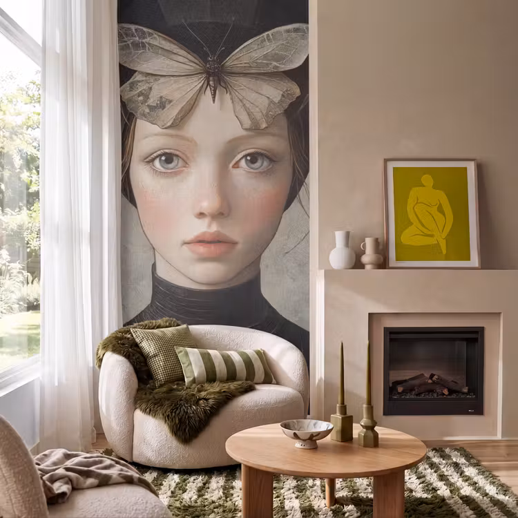 Woman - Butterfly - Art - Classic - Muted Behang Vlies klein -sfeer2