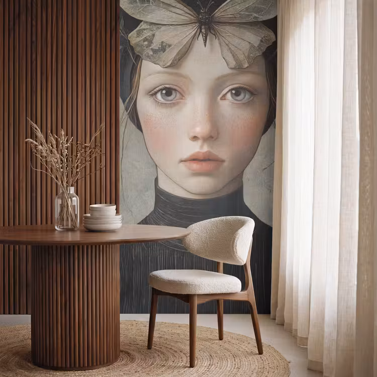 Woman - Butterfly - Art - Classic - Muted Behang Vlies klein -sfeer1