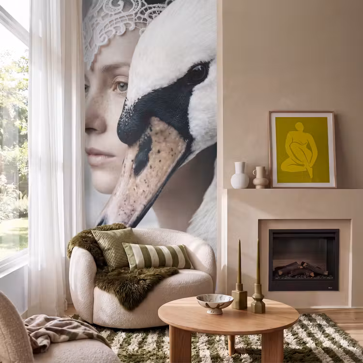 Vrouw - Zwaan - Wit Behang Vlies klein -sfeer2