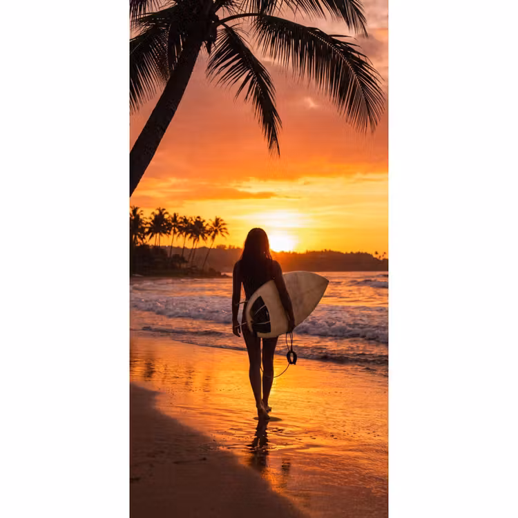 Vrouw - Surfplank - Strand - Zonsondergang - Oranje Behang Vlies klein -3d_website