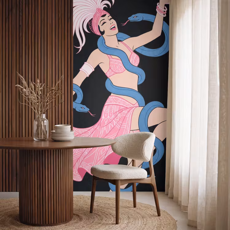 Vrouw - Danseres - Slangen - Art Deco - Roze Behang Vlies klein -sfeer1