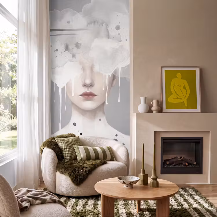 Vrouw - Wolk - Grijs Behang Vlies klein -sfeer2