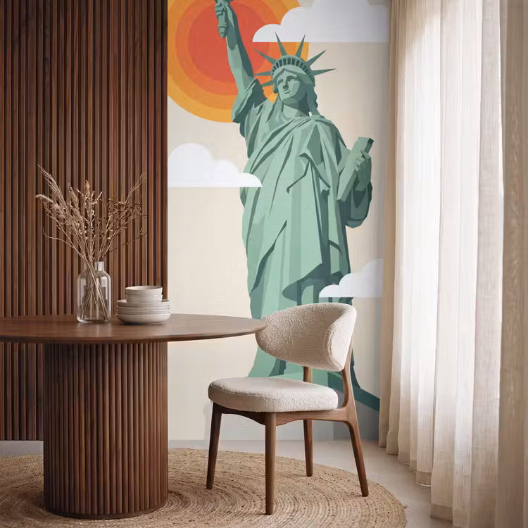 Vrijheidsbeeld - New York - Zon - Modern Behang Vlies klein -sfeer1