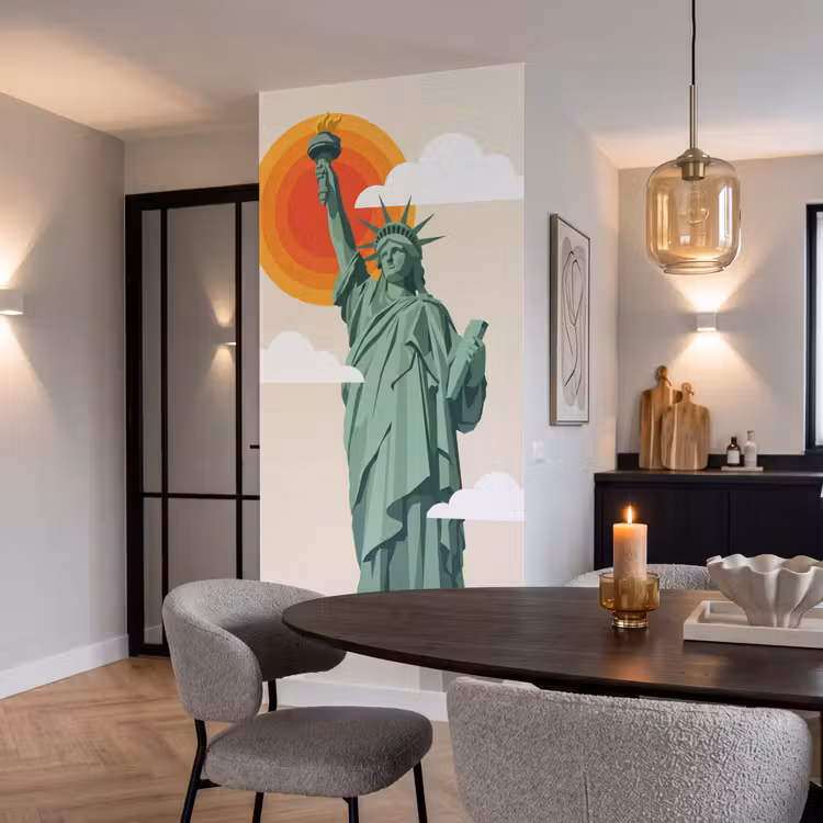 Vrijheidsbeeld - New York - Zon - Modern Behang Vlies klein -sfeer3