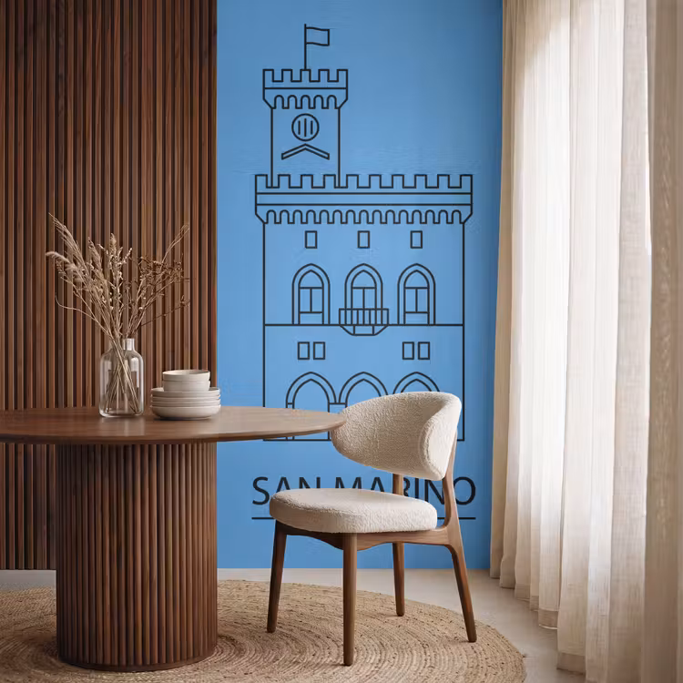 Gebouw - San Marino - Architectuur - Lijntekening - Blauw Behang Vlies klein -sfeer1