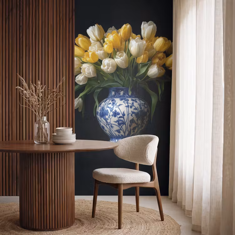 Geel - Tulpen - Vaas - Bloemen Behang Vlies klein -sfeer1