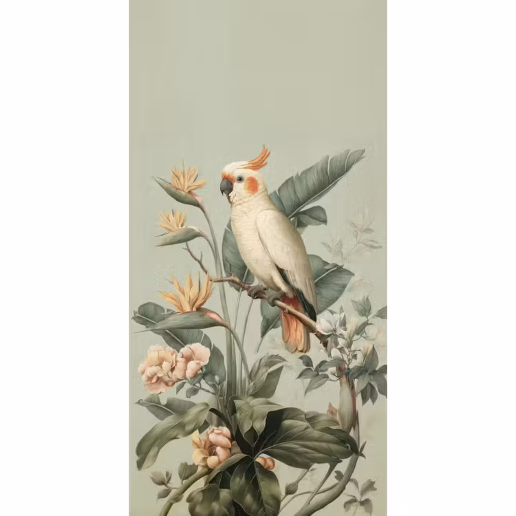 Gele kuifkaketoe - paradijsvogelbloemen - Groen Behang Vlies klein -3d_website