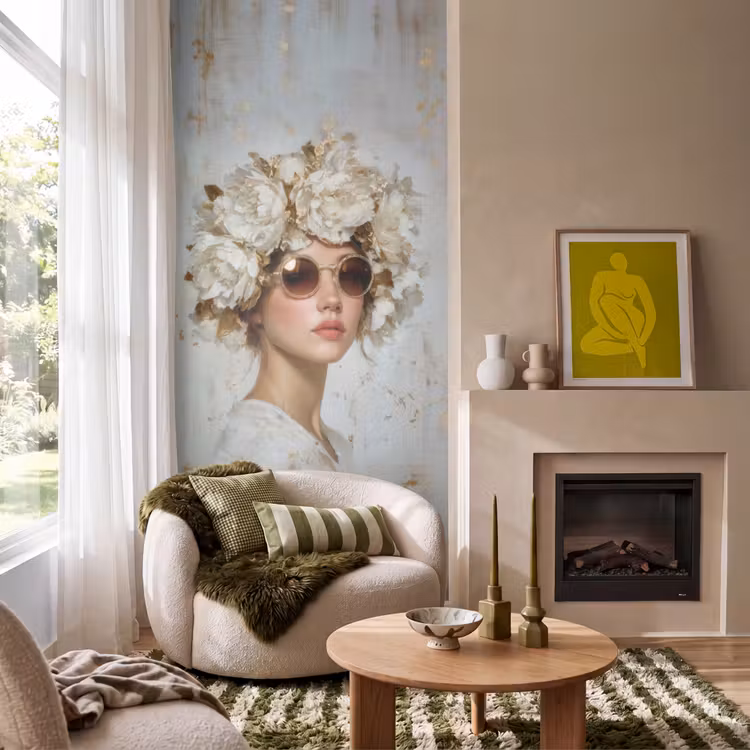 Schilderij - Vrouw - Zonnebril - Bloemenkrans Behang Vlies klein -sfeer2