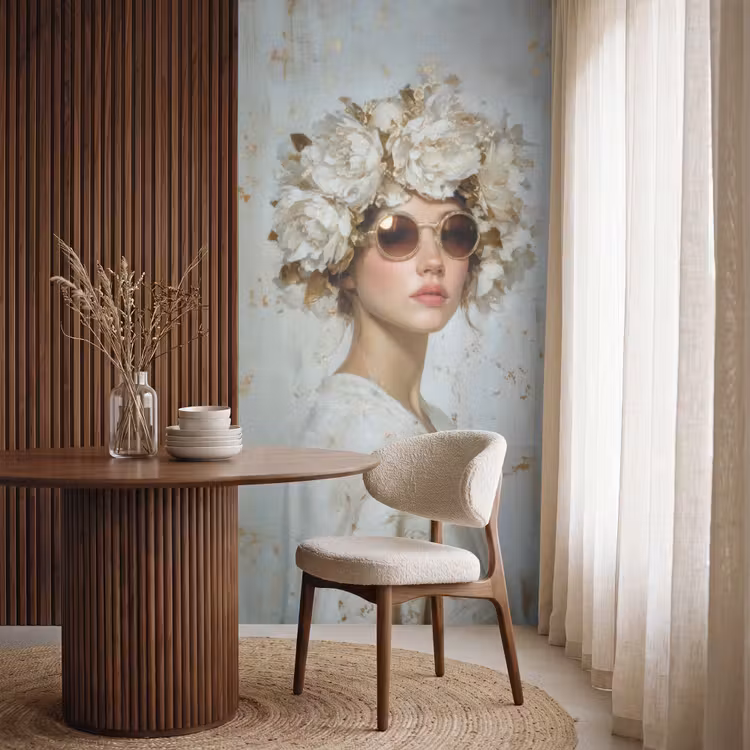Schilderij - Vrouw - Zonnebril - Bloemenkrans Behang Vlies klein -sfeer1