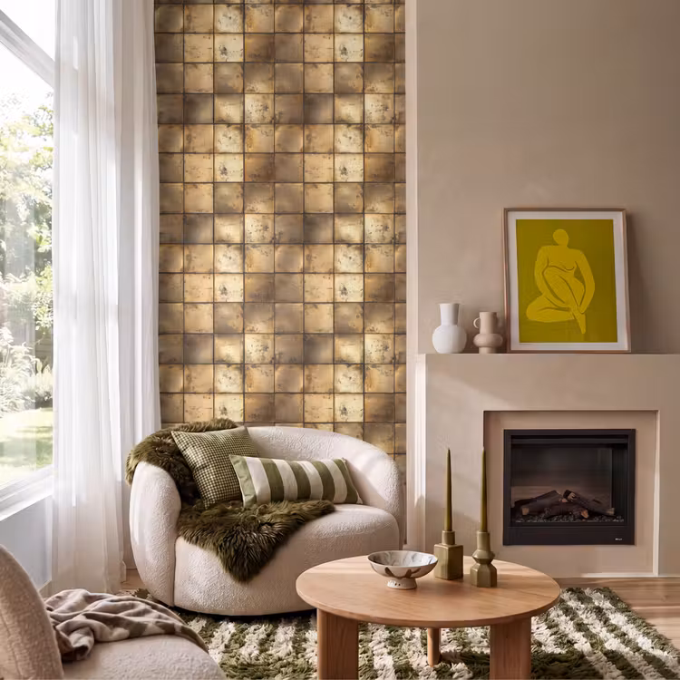 Geometrisch - Tegels - Goud Behang Vlies klein 1076 -sfeer2