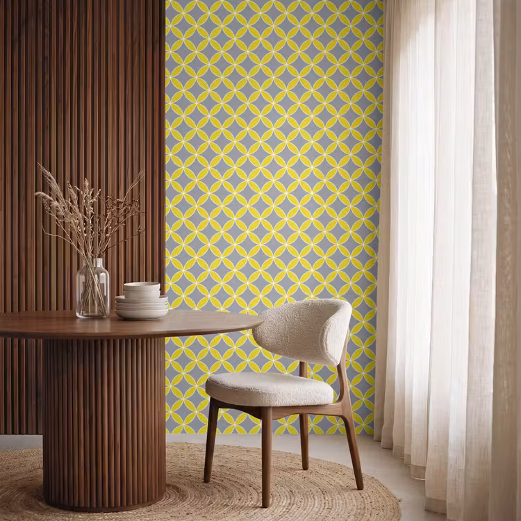 Geometrisch - Cirkels - Modern - Grijs - Geel Behang Vlies klein 1076 -sfeer1