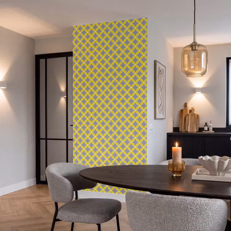 Geometrisch - Cirkels - Modern - Grijs - Geel Behang Vlies klein 1076 -sfeer3