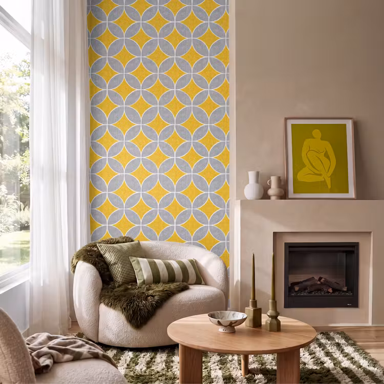 Geometrisch - Cirkels - Textuur - Grijs - Geel Behang Vlies klein 1076 -sfeer2