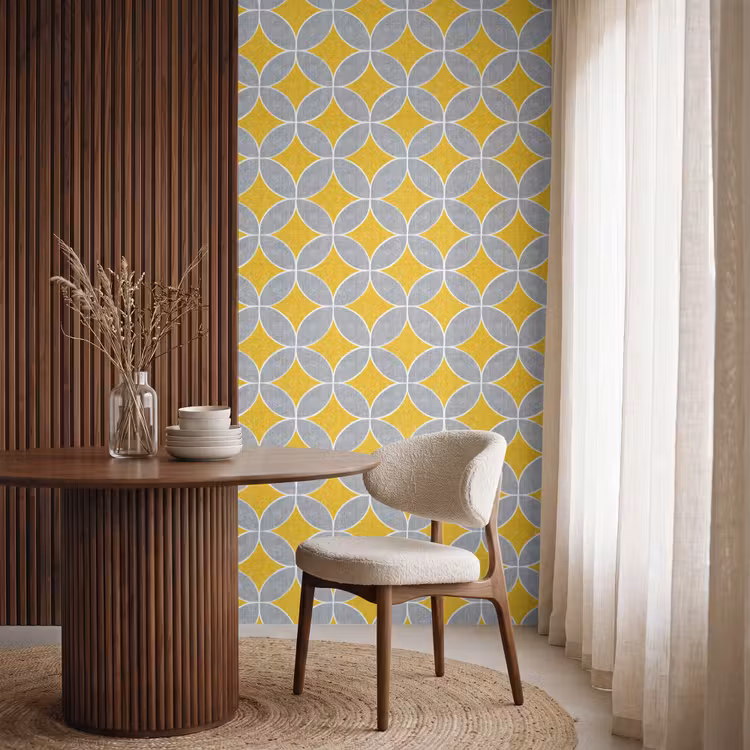 Geometrisch - Cirkels - Textuur - Grijs - Geel Behang Vlies klein 1076 -sfeer1