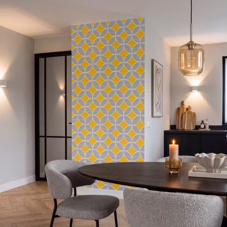Geometrisch - Cirkels - Textuur - Grijs - Geel Behang Vlies klein 1076 -sfeer3