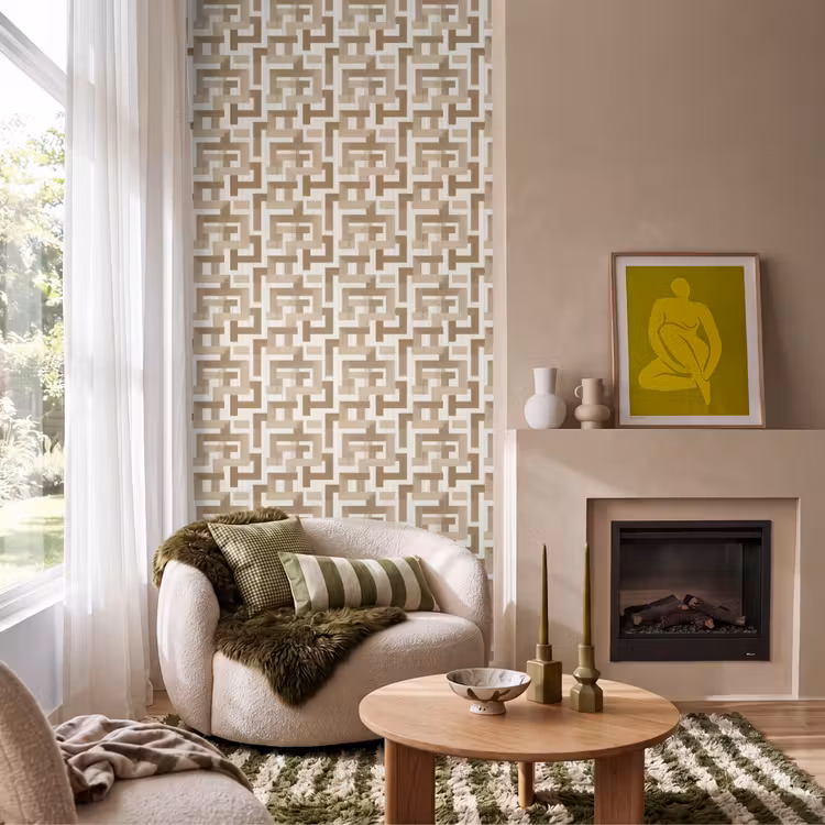 Geometrisch - Retro - Bruin Behang Vlies klein 1076 -sfeer2