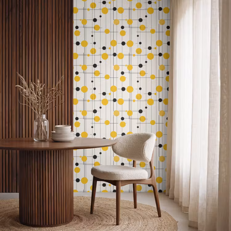 Geometrisch - Retro - Lijnen - Okergeel - Zwart Behang Vlies klein 1076 -sfeer1