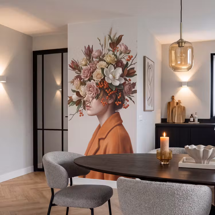 Gezicht - Boeket - Kleurrijk Behang Vlies klein -sfeer3