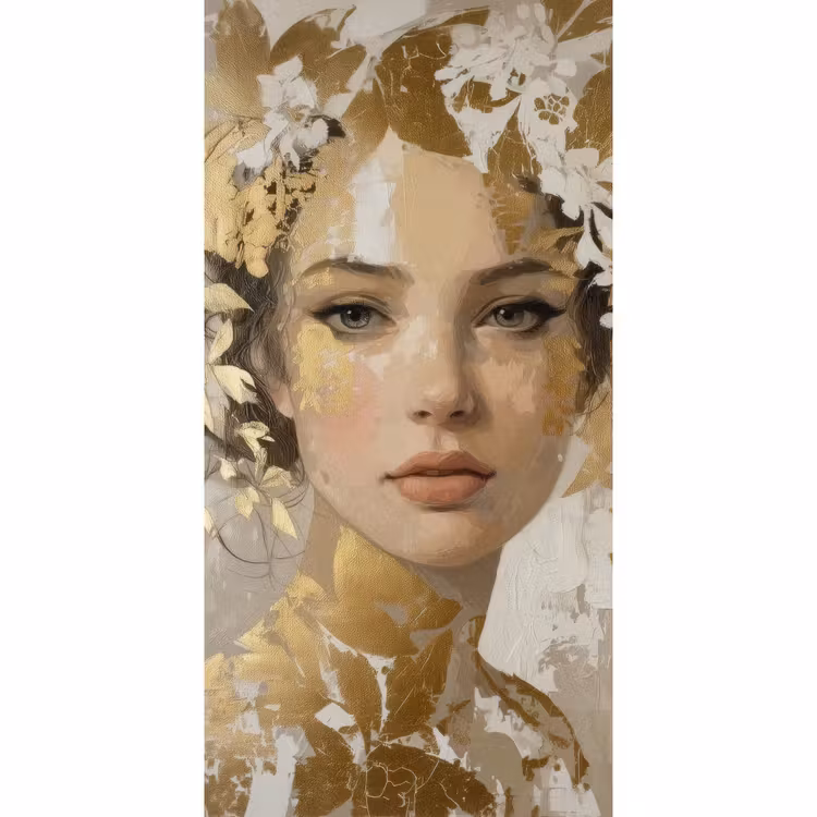 Gezicht - Vrouw - Bladeren - Goud Behang Vlies klein -3d_website