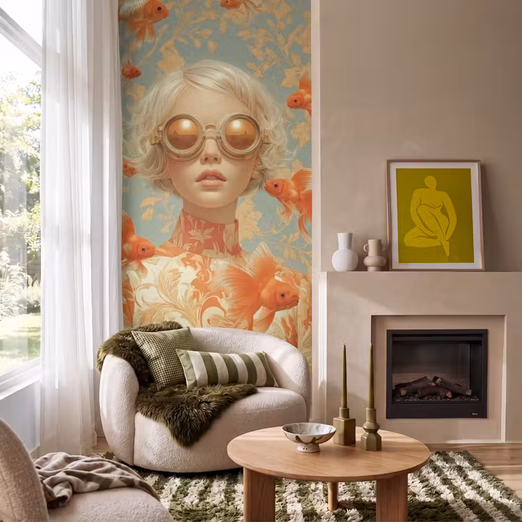 Goudvissen - Oranje - Vrouw - Blond Behang Vlies klein -sfeer2